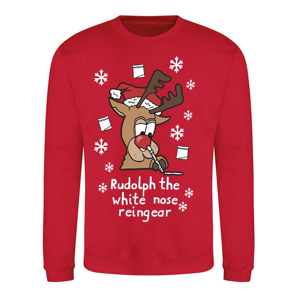 Rudolph The White Nose Reingear - Outrageous Christmas Jumper - Red